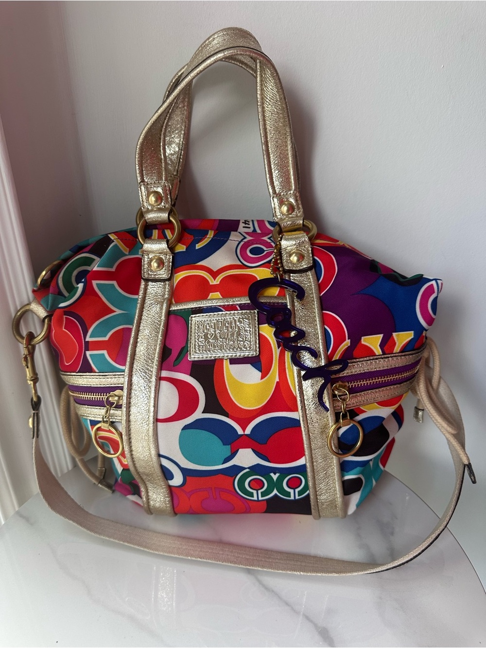 RARE! VINTAGE Y2K COACH POPPY C Graffiti Satchel Shoulder Bag Purse Handbag Gold